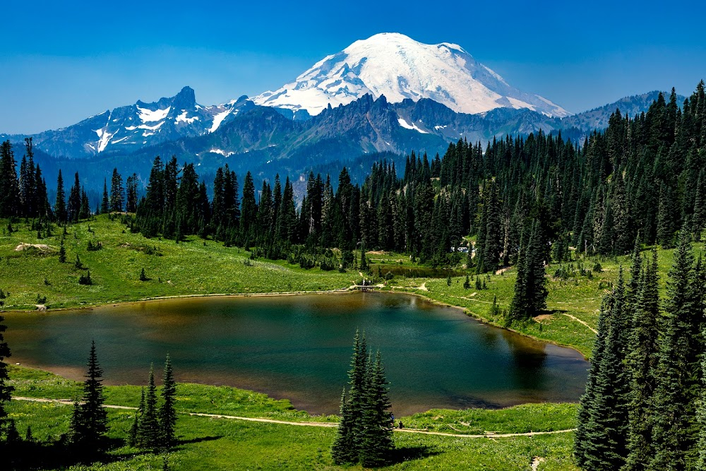 Natural Wonders of Washington State : Mountain and the National Park discussed, including summer-wear skiing, as it is described snow covered year round.