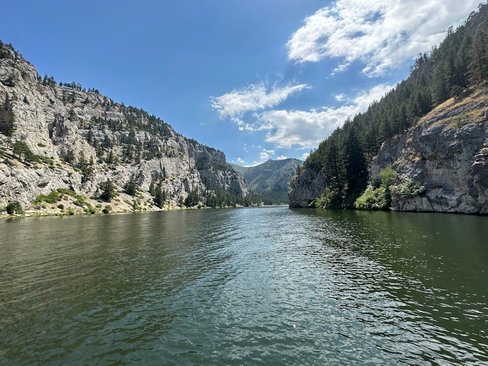 Thunderbolt and Lightfoot : Idaho Dream boat scene; "A.G.Cook" mailbox placed ~2,840 yards downstream of Upper Holter Lake